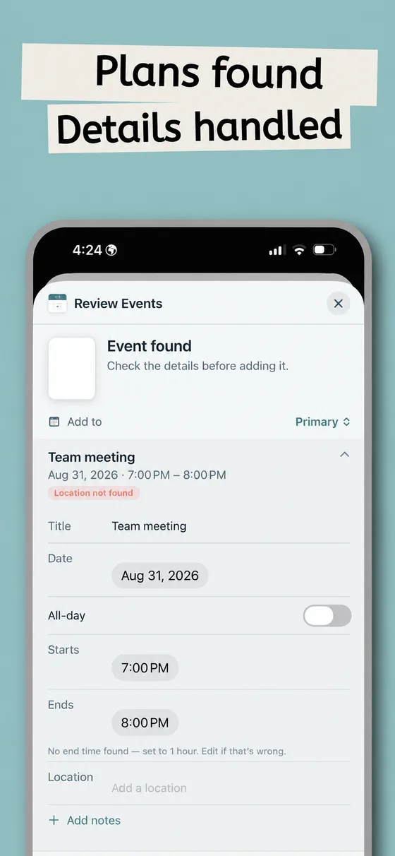 Fliqit App Store screenshot: the Review Events sheet with title, date, start and end time filled in, under the headline “Plans found. Details handled.”