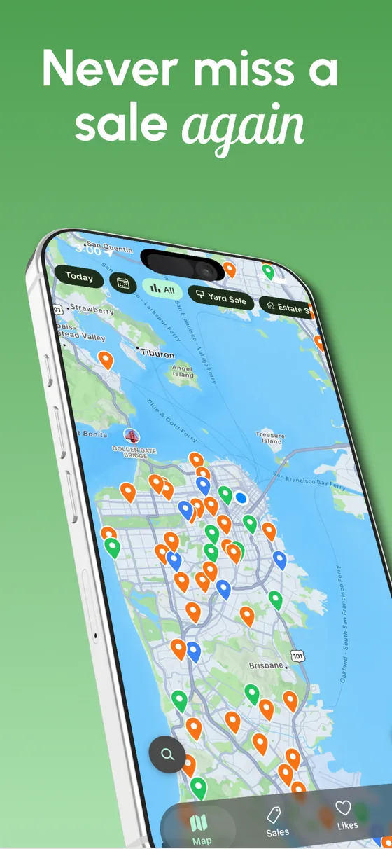 SaleScout map screen: dozens of color-coded sale pins across a city, under the headline “Never miss a sale again.”