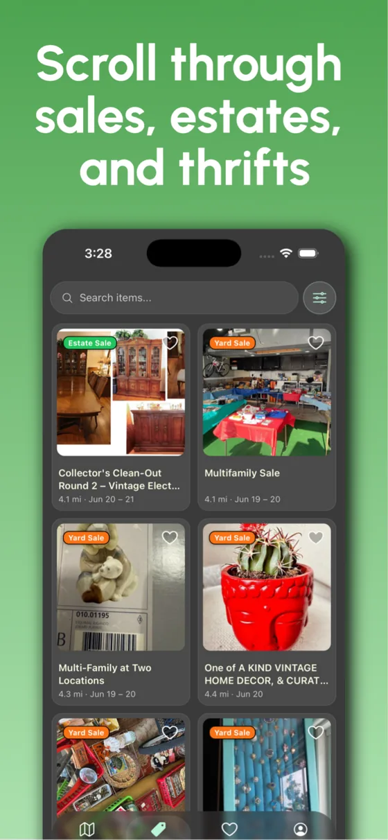 SaleScout sales list: a photo grid of estate sales and yard sales with distance and dates.