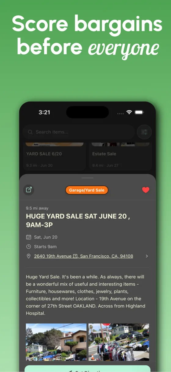 SaleScout sale detail: a huge yard sale listing with date, time, address, description, and photos.